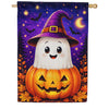 Cute Ghost in Pumpkin Halloween House Flag