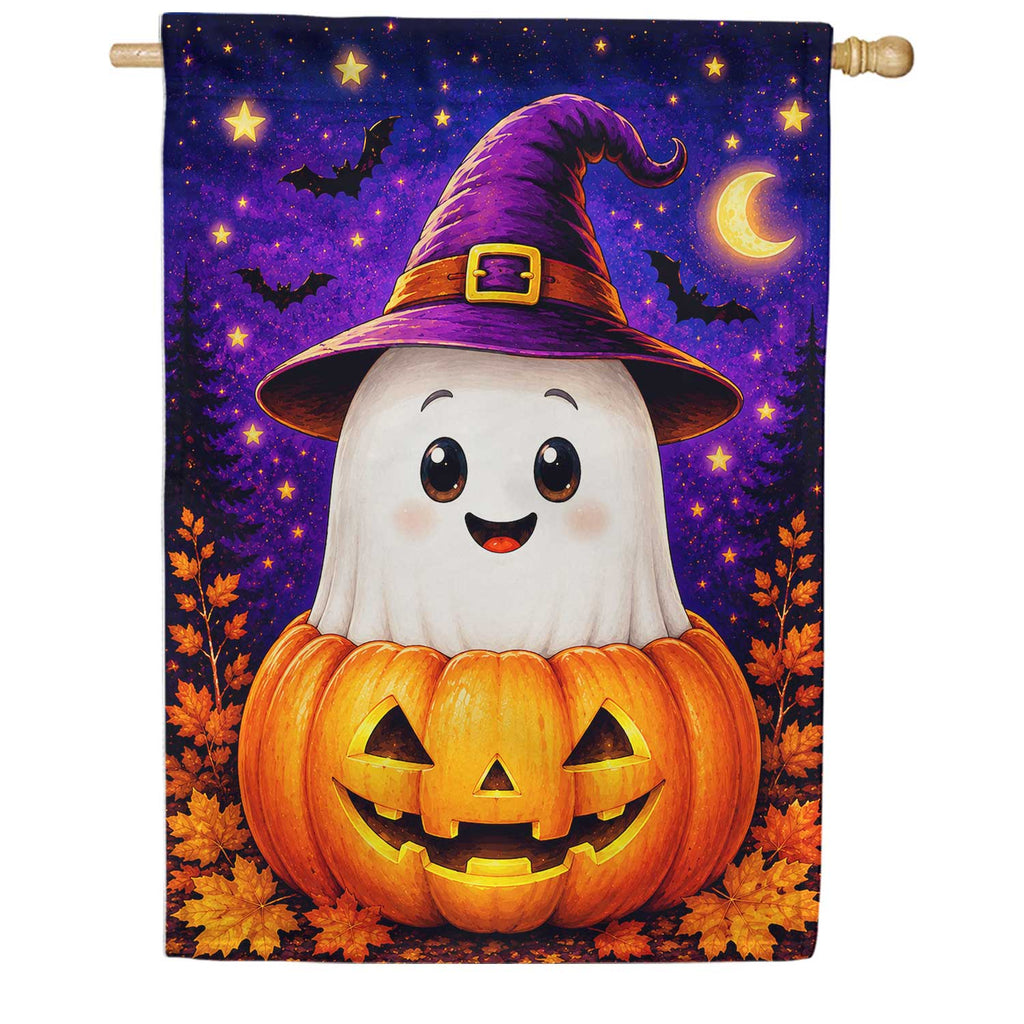Cute Ghost in Pumpkin Halloween House Flag