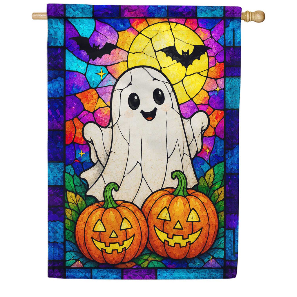Stained Glass Halloween Ghost and Pumpkins House Flag