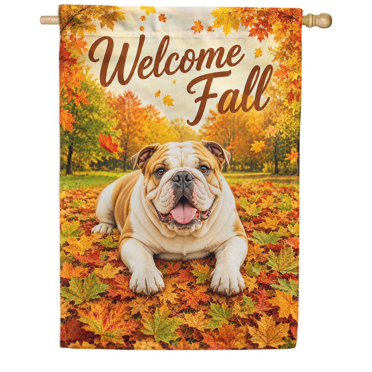 Welcome Fall English Bulldog Autumn Leaves House Flag