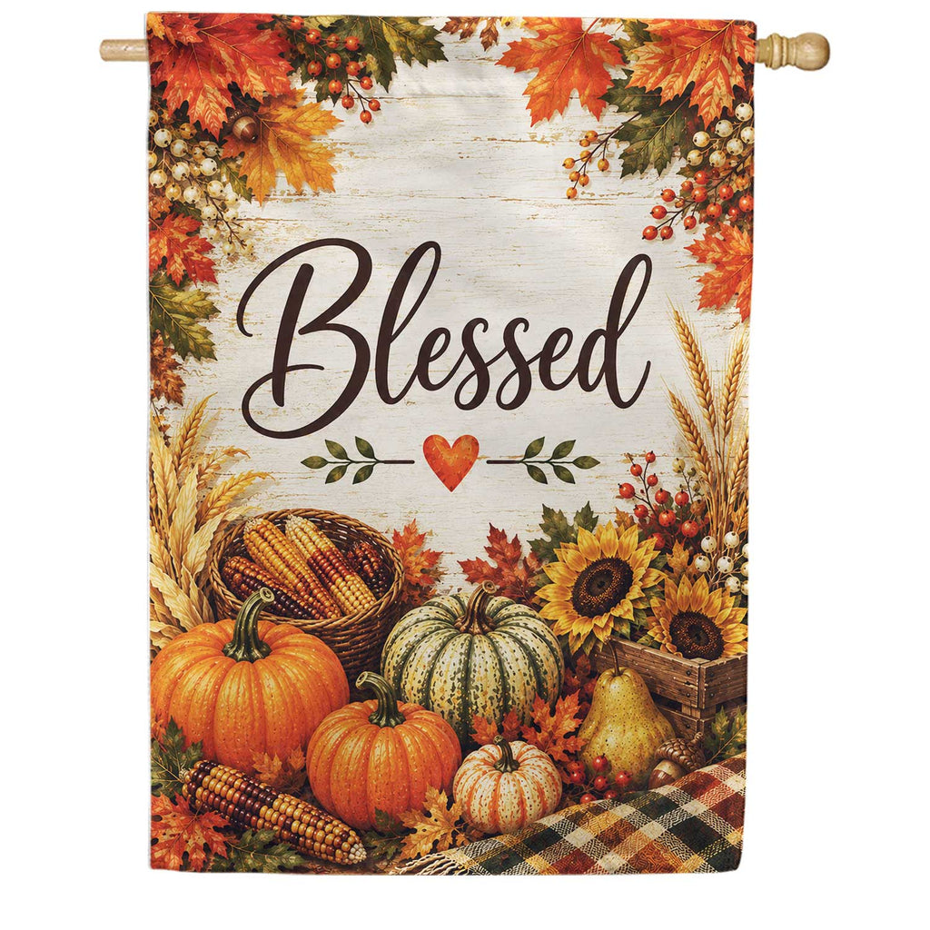 Blessed Fall Harvest Pumpkins and Autumn Leaves House Flag