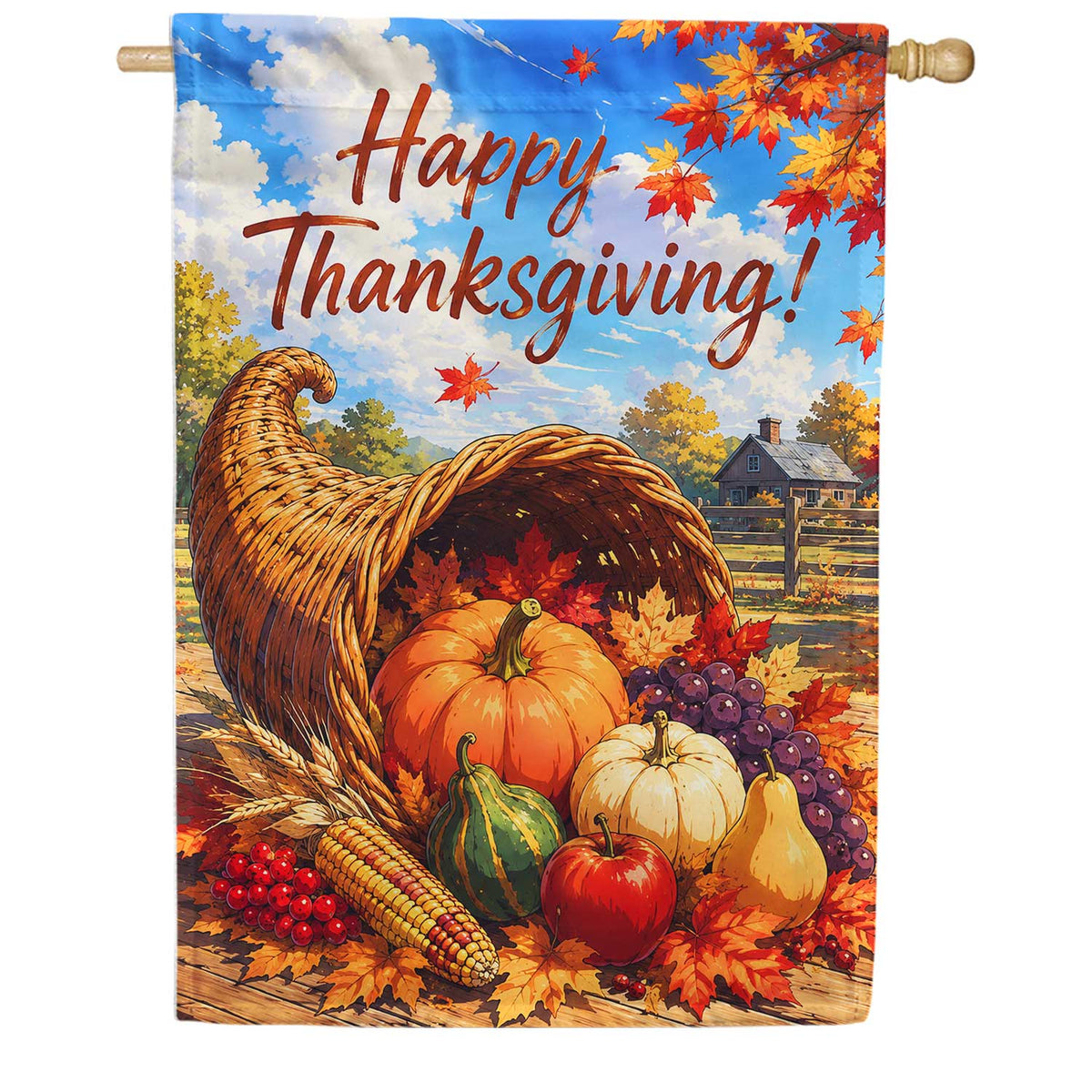 Happy Thanksgiving Cornucopia Harvest House Flag