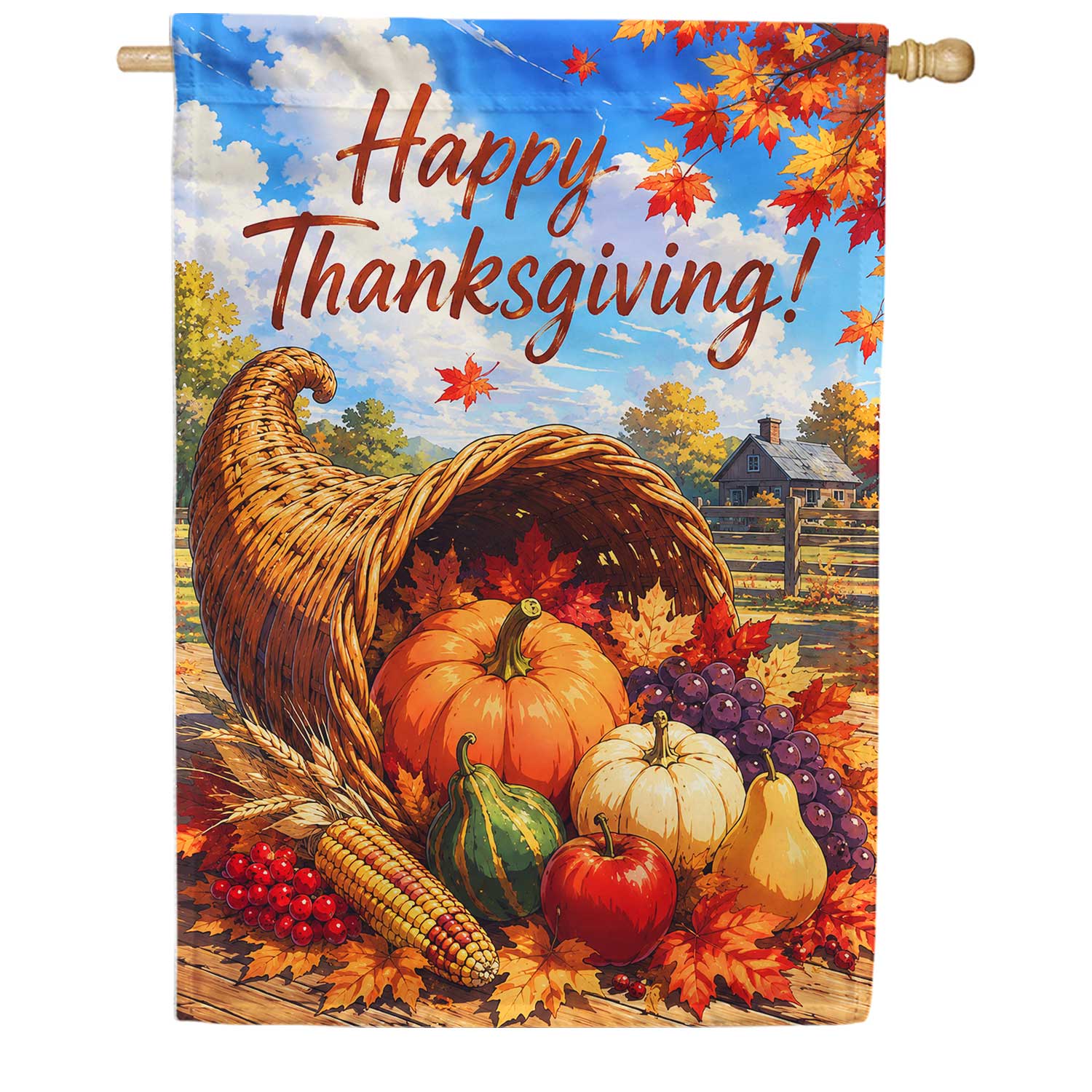 Happy Thanksgiving Cornucopia Harvest House Flag