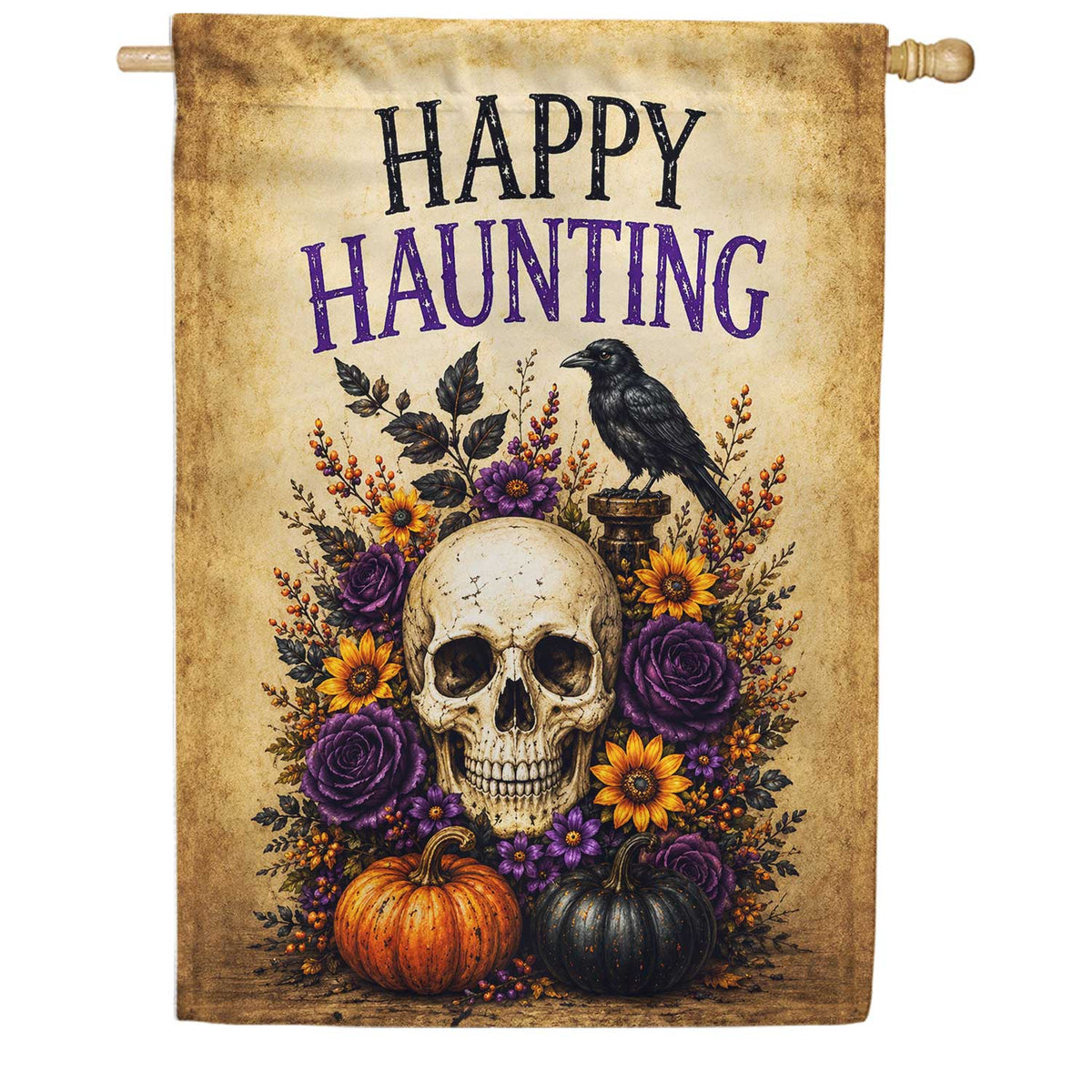 Happy Haunting Skull Floral Halloween House Flag