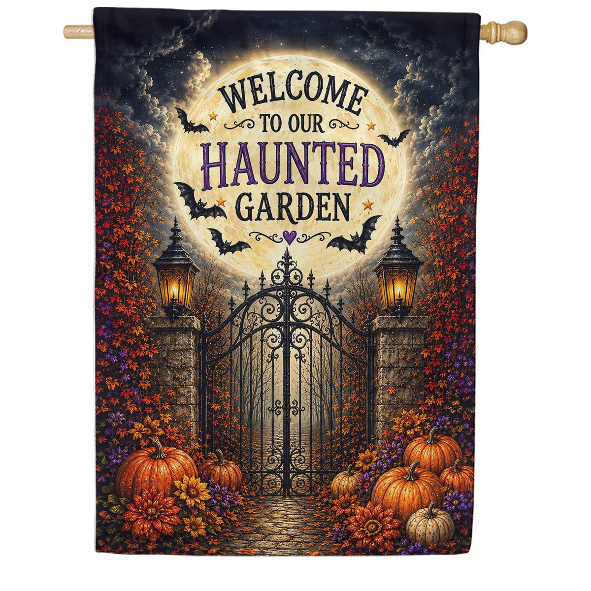Welcome To Our Haunted Garden Halloween House Flag