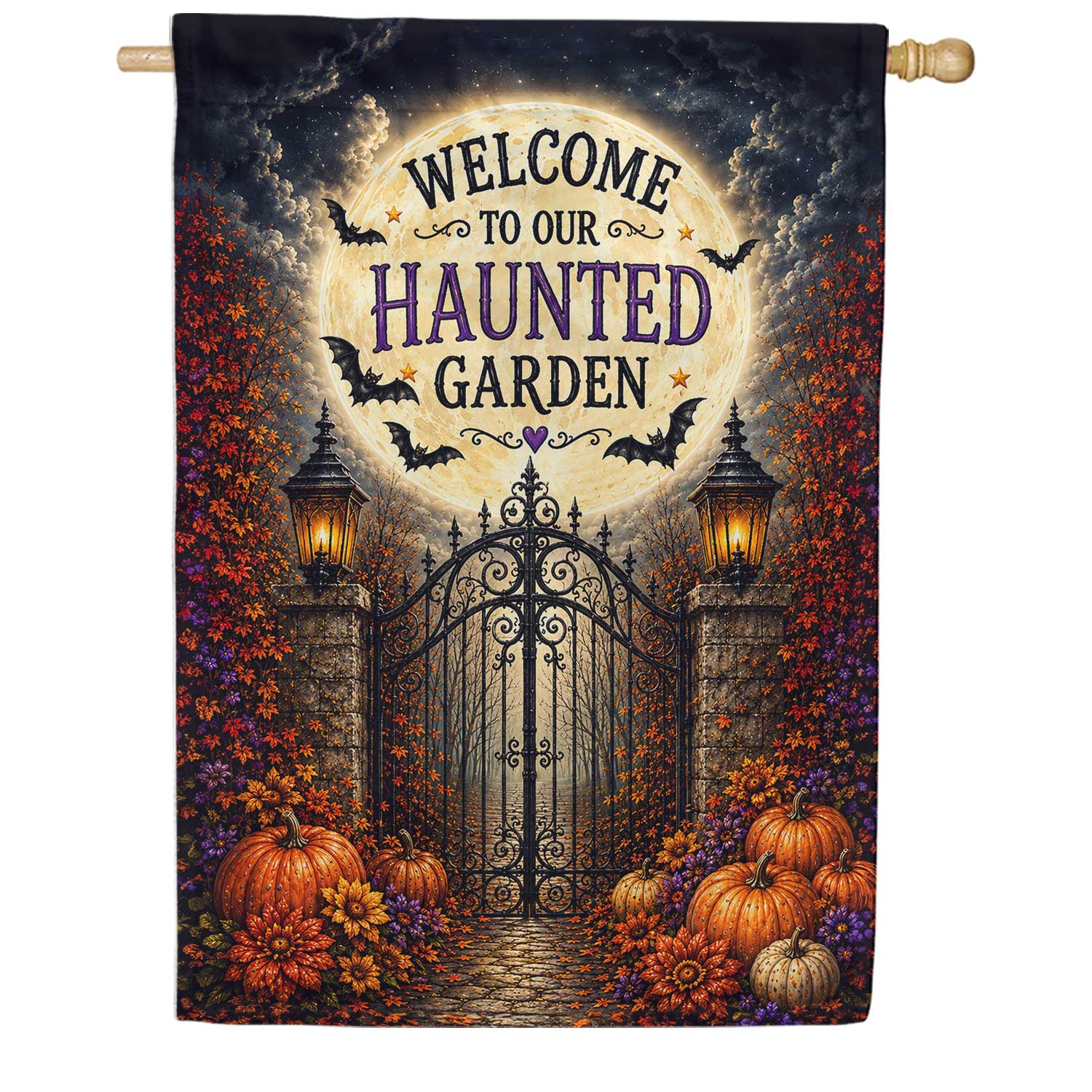 Welcome To Our Haunted Garden Halloween House Flag