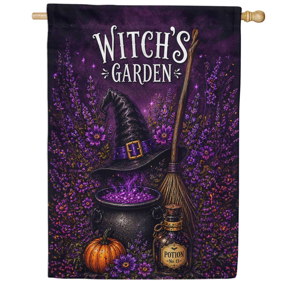 Witch's Garden Halloween Cauldron and Broom House Flag