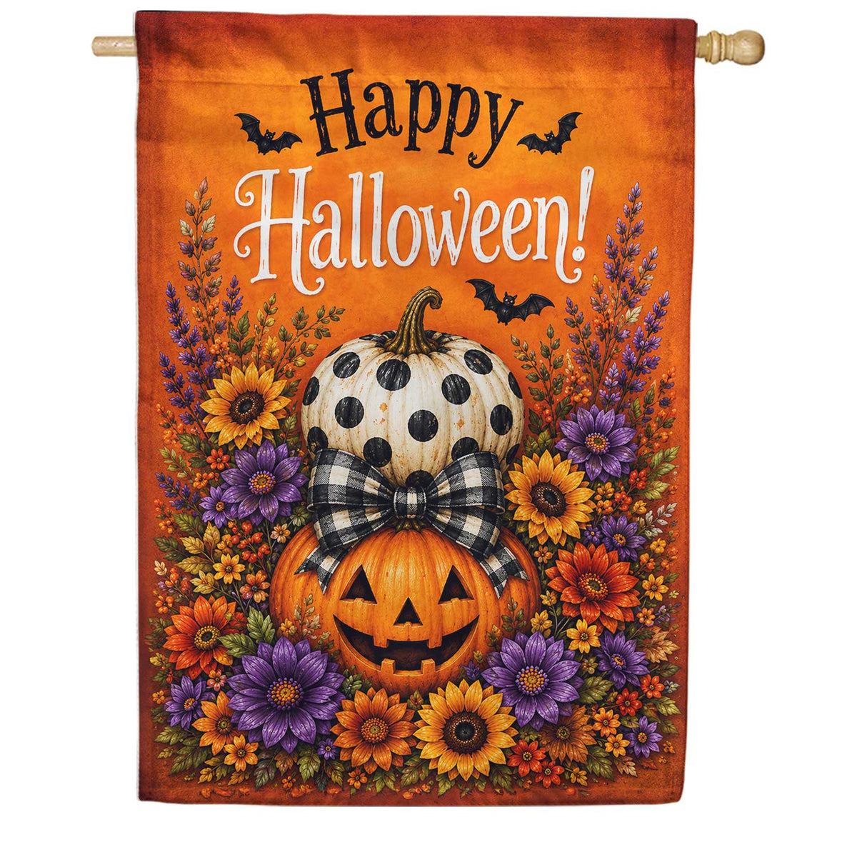 Happy Halloween Stacked Pumpkins House Flag