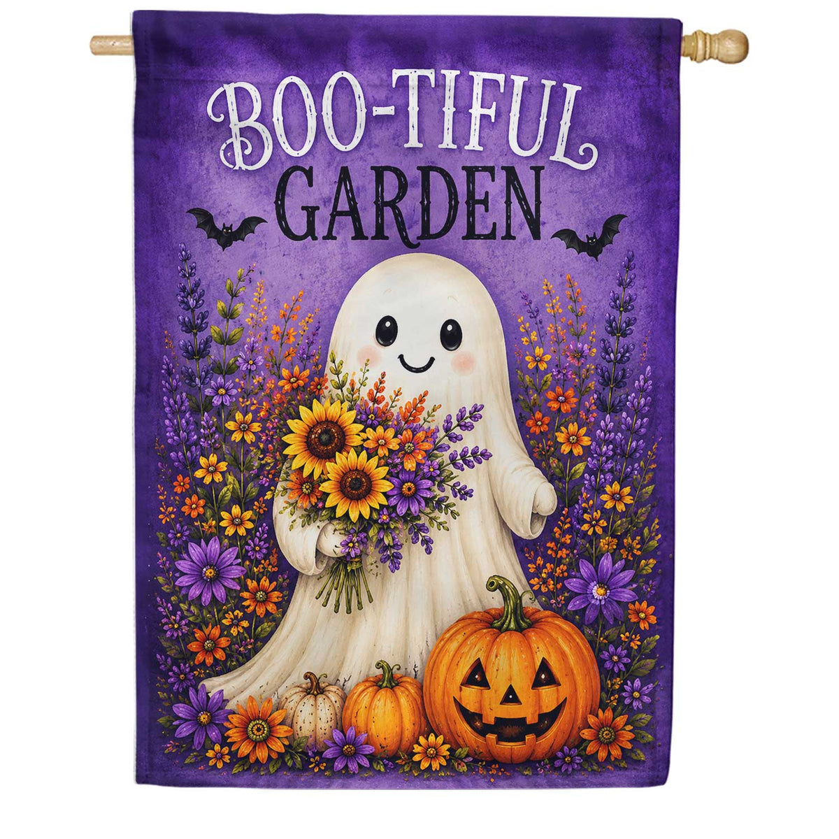 Boo-Tiful Garden Ghost with Flowers Halloween House Flag