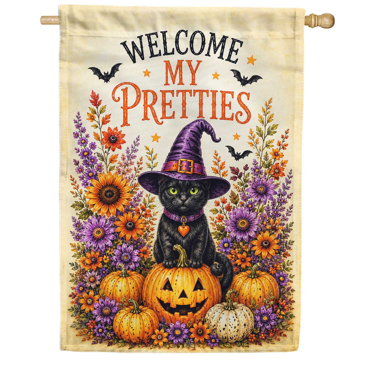 Welcome My Pretties Halloween Black Cat House Flag