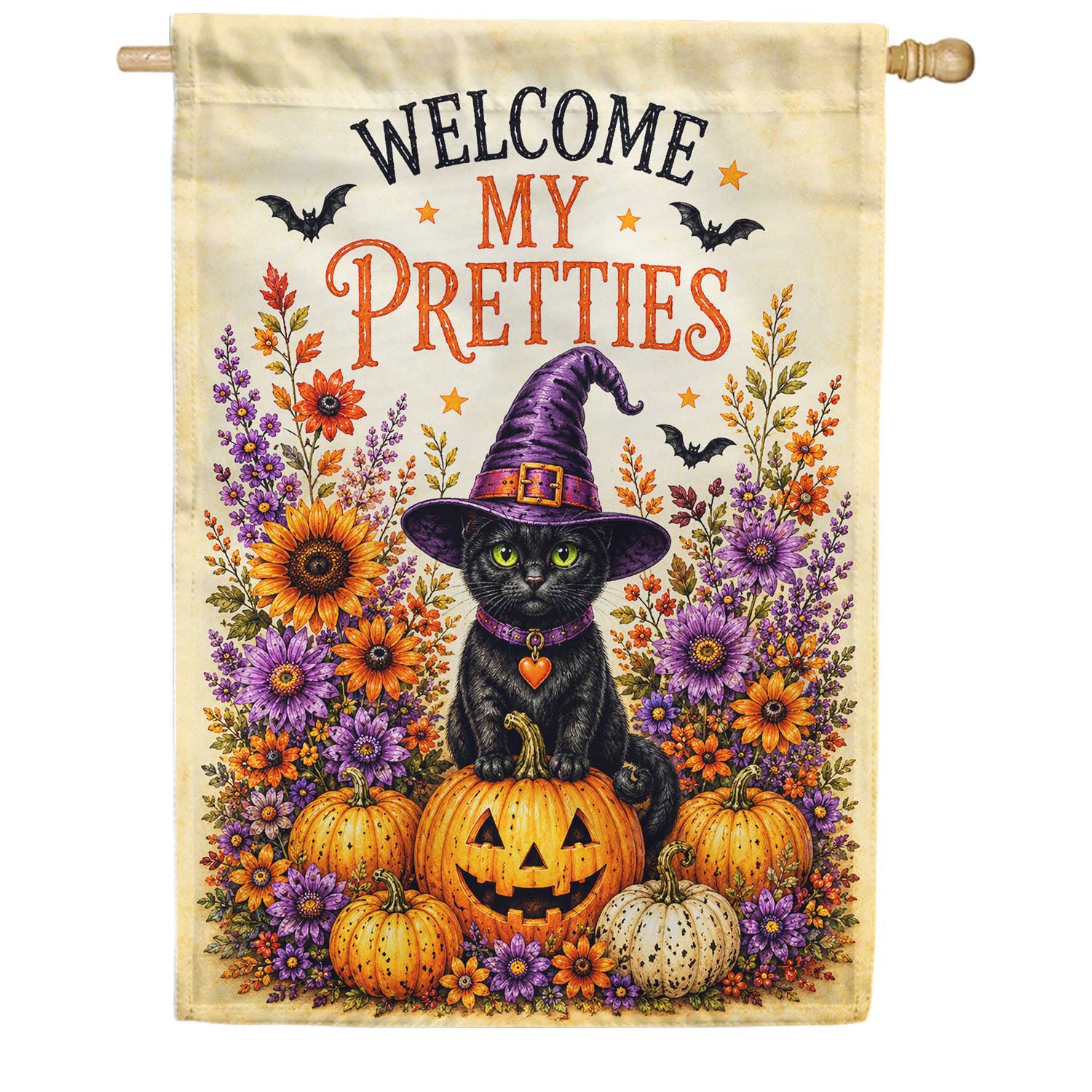 Welcome My Pretties Halloween Black Cat House Flag