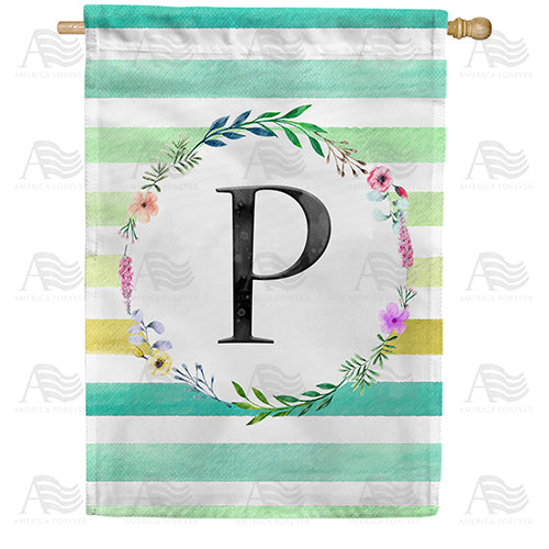 Blue Striped Watercolor Monogram Double Sided House Flag