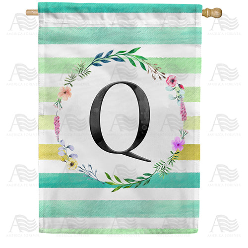 Blue Striped Watercolor Monogram Double Sided House Flag