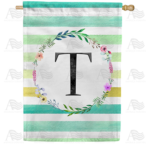 Blue Striped Watercolor Monogram Double Sided House Flag