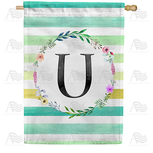 Blue Striped Watercolor Monogram Double Sided House Flag