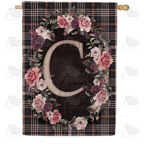 Pink And Black Plaid Monogram Double Sided House Flag