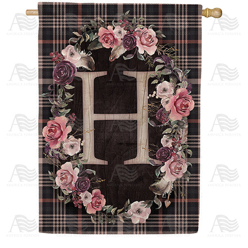 Pink And Black Plaid Monogram Double Sided House Flag