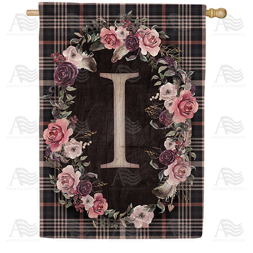 Pink And Black Plaid Monogram Double Sided House Flag
