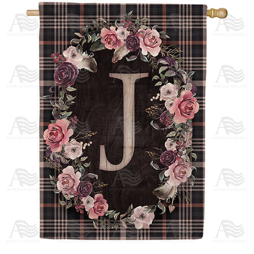 Pink And Black Plaid Monogram Double Sided House Flag