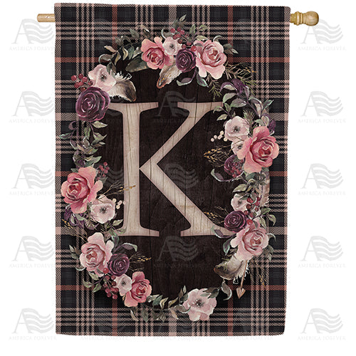 Pink And Black Plaid Monogram Double Sided House Flag