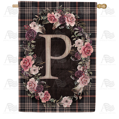 Pink And Black Plaid Monogram Double Sided House Flag