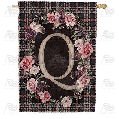 Pink And Black Plaid Monogram Double Sided House Flag