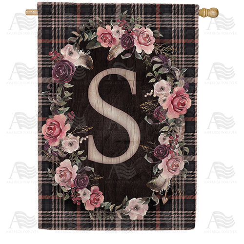 Pink And Black Plaid Monogram Double Sided House Flag