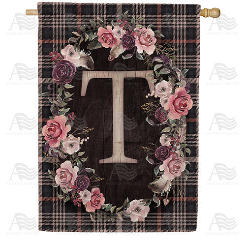 Pink And Black Plaid Monogram Double Sided House Flag