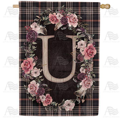 Pink And Black Plaid Monogram Double Sided House Flag