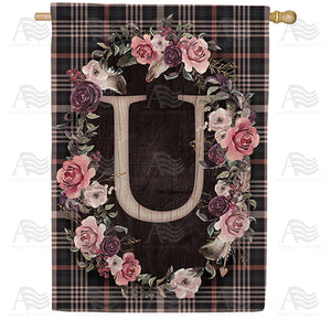 Pink And Black Plaid Monogram Double Sided House Flag