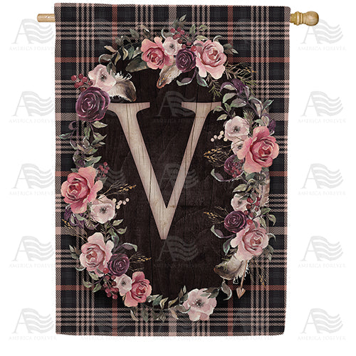 Pink And Black Plaid Monogram Double Sided House Flag