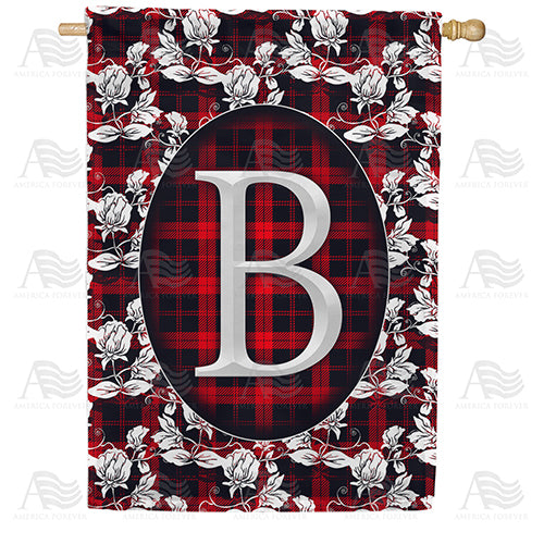 Elegant Red And Black Plaid Monogram Double Sided House Flag