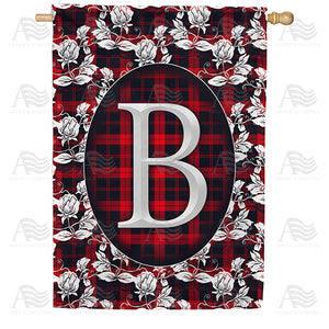 Elegant Red And Black Plaid Monogram Double Sided House Flag