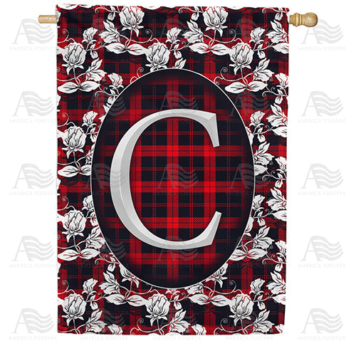 Elegant Red And Black Plaid Monogram Double Sided House Flag