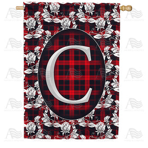 Elegant Red And Black Plaid Monogram Double Sided House Flag
