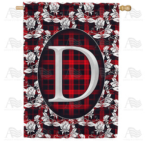 Elegant Red And Black Plaid Monogram Double Sided House Flag