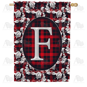 Elegant Red And Black Plaid Monogram Double Sided House Flag