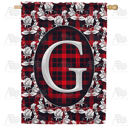 Elegant Red And Black Plaid Monogram Double Sided House Flag