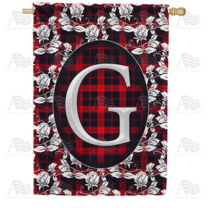 Elegant Red And Black Plaid Monogram Double Sided House Flag