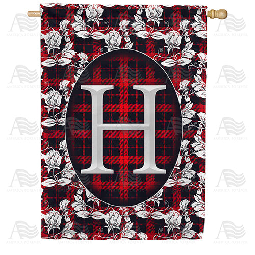 Elegant Red And Black Plaid Monogram Double Sided House Flag