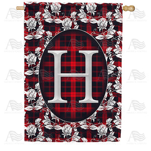Elegant Red And Black Plaid Monogram Double Sided House Flag
