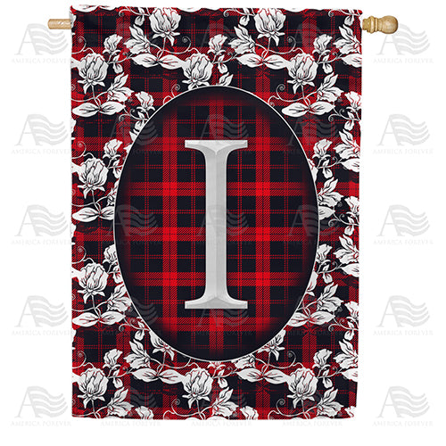 Elegant Red And Black Plaid Monogram Double Sided House Flag