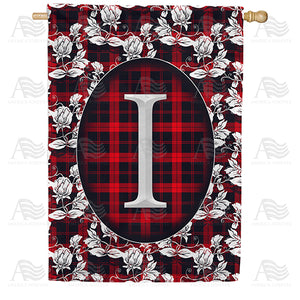 Elegant Red And Black Plaid Monogram Double Sided House Flag