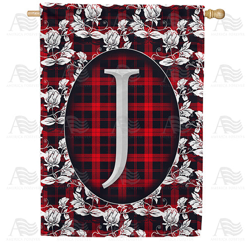 Elegant Red And Black Plaid Monogram Double Sided House Flag