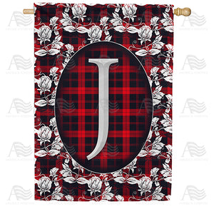 Elegant Red And Black Plaid Monogram Double Sided House Flag