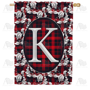 Elegant Red And Black Plaid Monogram Double Sided House Flag