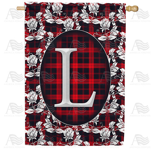 Elegant Red And Black Plaid Monogram Double Sided House Flag