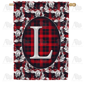 Elegant Red And Black Plaid Monogram Double Sided House Flag