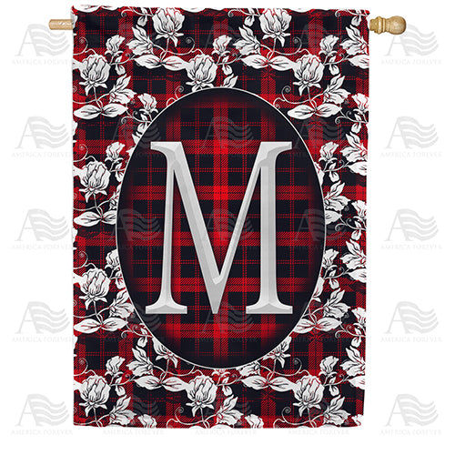Elegant Red And Black Plaid Monogram Double Sided House Flag