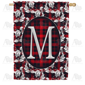 Elegant Red And Black Plaid Monogram Double Sided House Flag